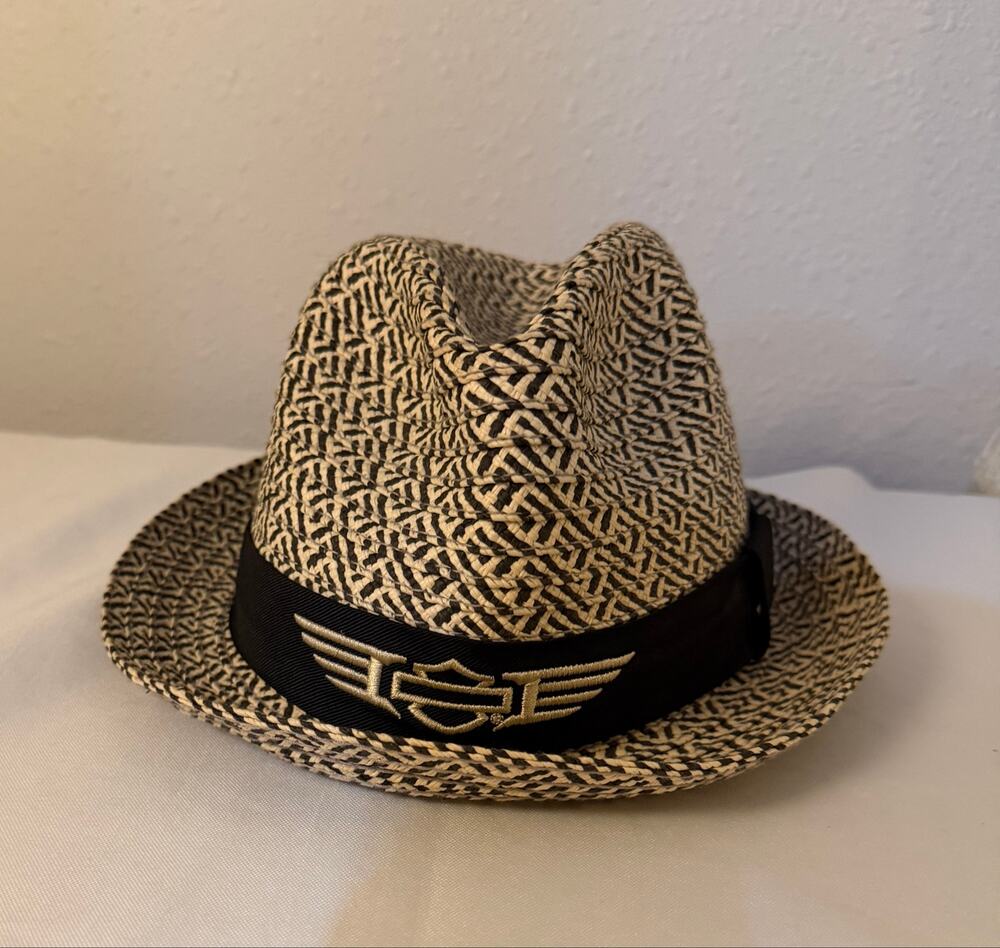Harley Davidson Paper Straw Fedora Hat S/M Woven Biker Moto Wing Logo